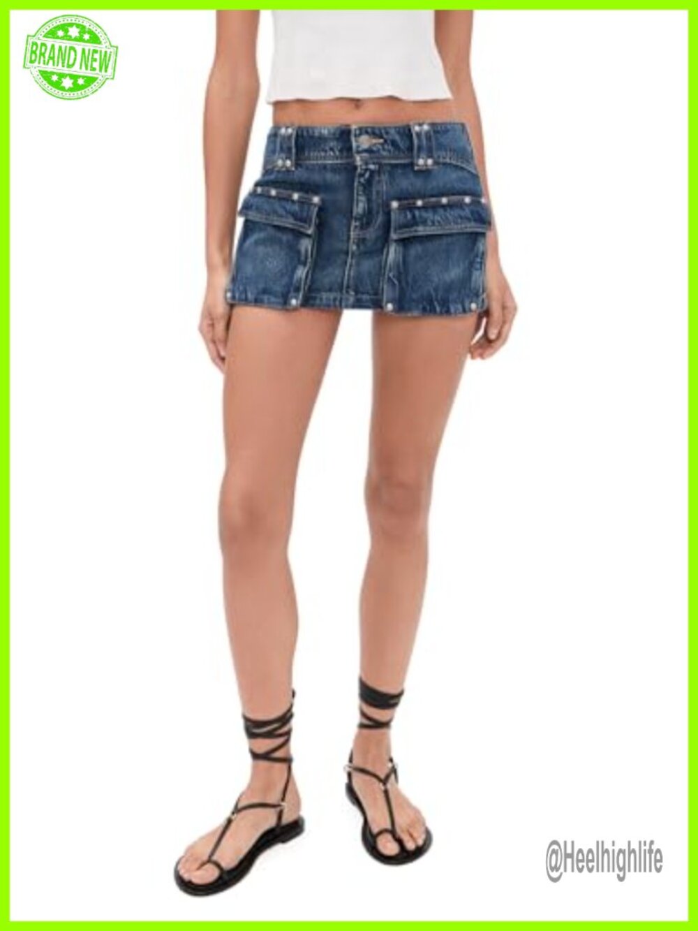 Studded Denim Mini Skirt Low Rise Cotton